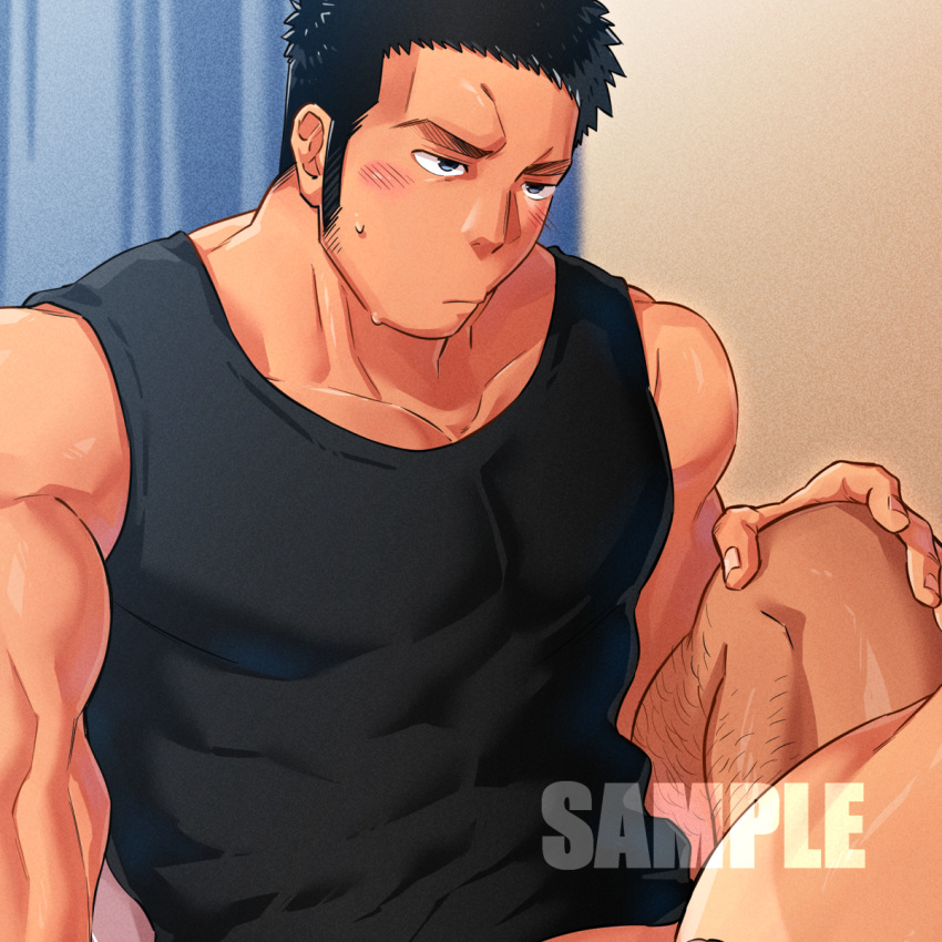 2boys bara bare_shoulders black_hair black_tank_top blush bottomless collarbone covered_abs fanbox hand_on_another's_knee highres imminent_sex interracial large_pectorals leg_hair long_sideburns male_focus multiple_boys muscular muscular_male naked_shirt original pectorals reward_available sample shirt short_hair sideburns solo_focus spread_legs tank_top thighs tptptpn yaoi