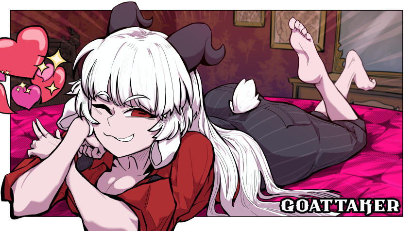 1girl absurdres animal_ears ass bangs baphomet_(grizz) barefoot black_pants border borrowed_character breasts cleavage collared_shirt feet feet_up goat_ears goat_girl goat_horns goat_tail grin heart helltaker highres horns lemontansan long_hair looking_at_viewer lying medium_breasts on_stomach one_eye_closed pants red_eyes red_shirt shirt smile solo sparkle striped striped_pants tail vanripper_(style) white_border white_hair