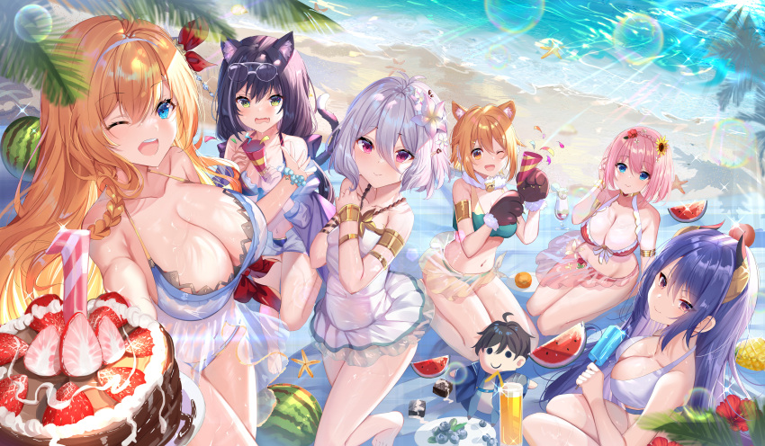 animal_ears beach bikini breasts cake cleavage food gejigejier horns jpeg_artifacts karyl long_hair natsume_kokoro pecorine princess_connect! short_hair swimsuit tagme tagme_(character)