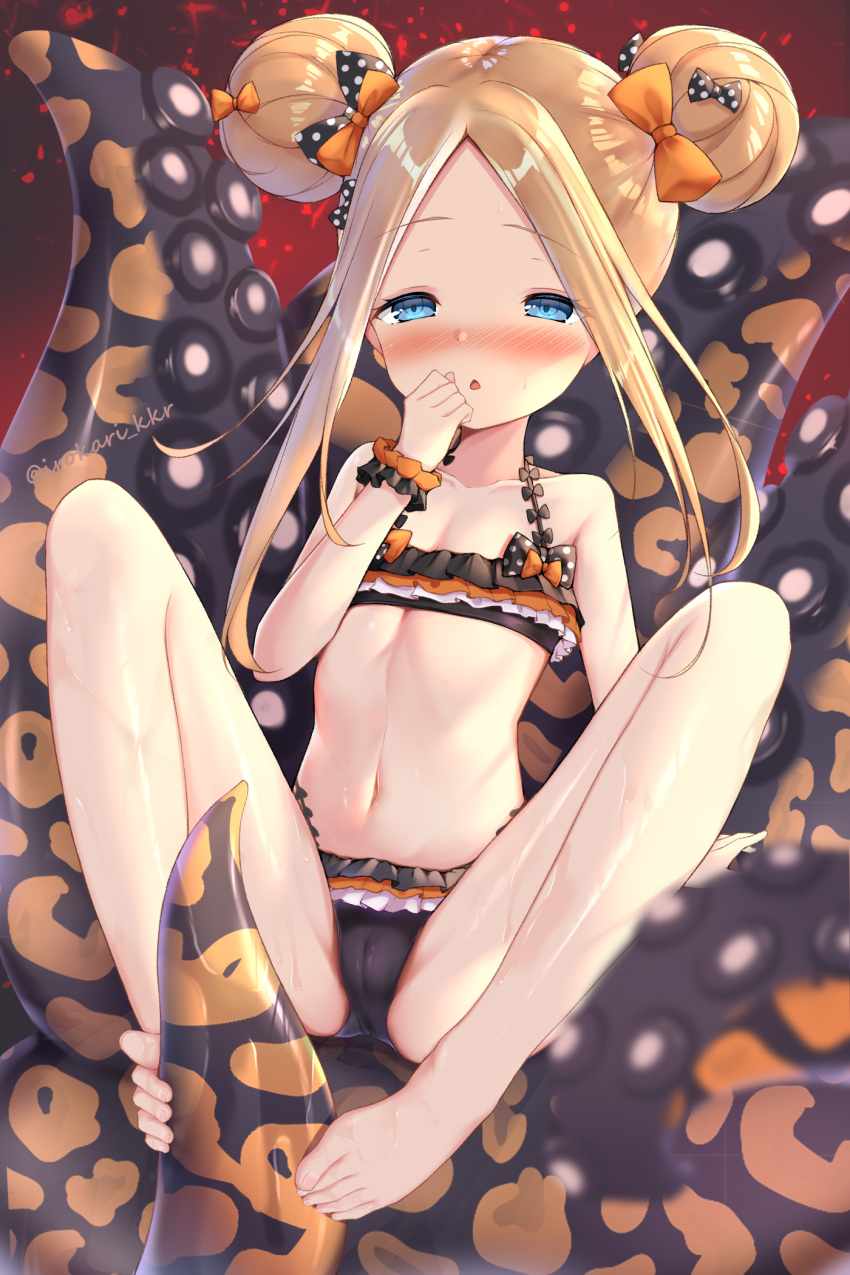 1girl abigail_williams_(fate) bangs bare_shoulders barefoot bikini black_bikini black_bow blonde_hair blue_eyes blush bow breasts collarbone double_bun emerald_float fate/grand_order fate_(series) forehead frilled_bikini frills hair_bow highres irokari long_hair looking_at_viewer miniskirt multiple_bows multiple_hair_bows navel open_mouth orange_bow polka_dot polka_dot_bow sexually_suggestive sidelocks skirt small_breasts smile solo swimsuit swimwear wet