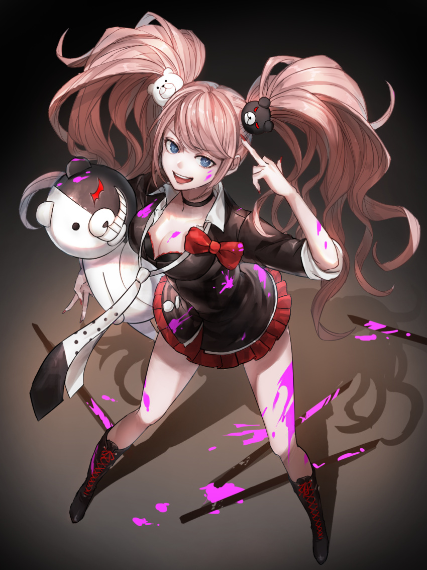 1girl :d bangs bear_hair_ornament black_bra black_choker black_footwear black_shirt blood blood_on_face blood_on_leg bloody_clothes blue_eyes boots bow bra breasts choker cleavage commentary_request danganronpa:_trigger_happy_havoc danganronpa_(series) enoshima_junko from_above hair_ornament hand_up highres holding knee_boots kokobata large_breasts legs_apart light_brown_hair long_hair looking_at_viewer middle_finger miniskirt monokuma nail_polish necktie open_mouth pink_blood pleated_skirt red_bow school_uniform shirt skirt sleeves_rolled_up smile solo standing twintails underwear upper_teeth white_neckwear