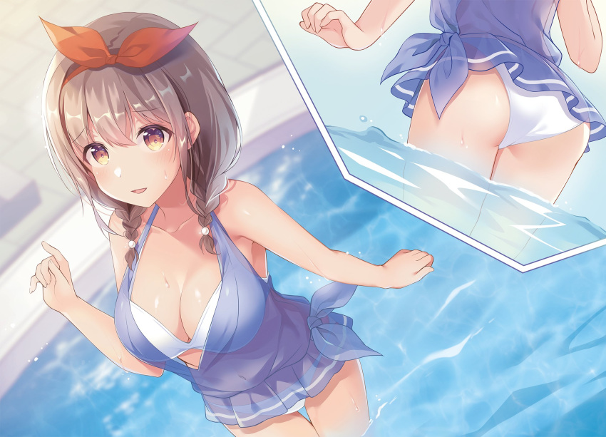 1girl :d ass bangs bare_arms bare_shoulders bikini blue_swimsuit blush braid breasts brown_eyes brown_hair cleavage collarbone commentary_request eyebrows_visible_through_hair hair_between_eyes hair_ribbon hairband highres looking_at_viewer medium_breasts multiple_views navel open_mouth original pool red_hairband red_ribbon ribbon see-through shiro_kuma_shake smile standing sweat swimsuit thigh_gap twin_braids water white_bikini