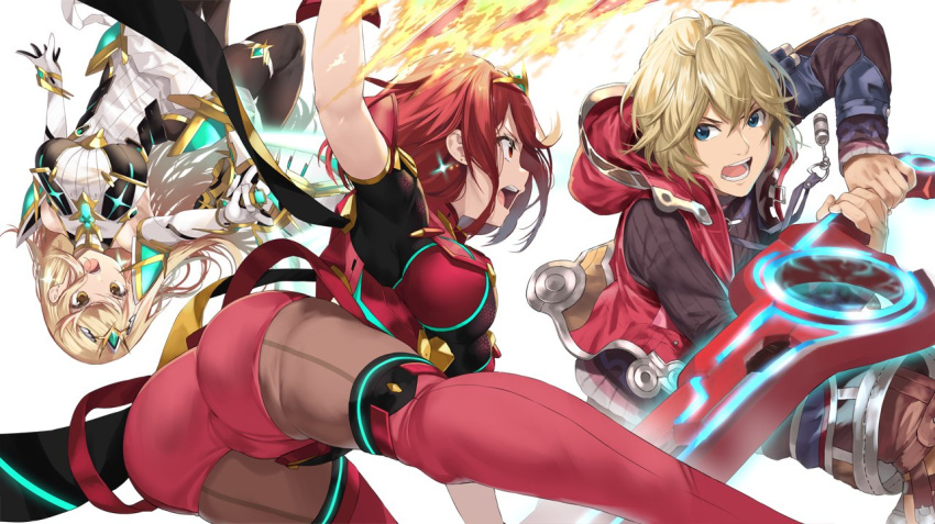 1boy 2girls bangs bare_shoulders black_gloves blonde_hair breasts chest_jewel dress earrings elbow_gloves fingerless_gloves gloves jewelry large_breasts long_hair multiple_girls mythra_(xenoblade) pyra_(xenoblade) red_eyes red_hair red_legwear red_shorts short_dress short_hair short_shorts shorts shulk_(xenoblade) super_smash_bros. swept_bangs thigh_strap thighhighs tiara very_long_hair white_dress white_footwear white_gloves xenoblade_chronicles xenoblade_chronicles_(series) xenoblade_chronicles_2 yappen yellow_eyes