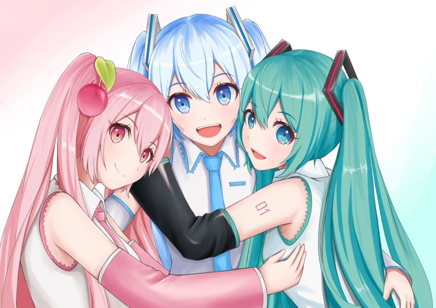 1girl 3girls aqua_eyes aqua_hair aqua_neckwear arms_around_back bare_shoulders black_sleeves blue_neckwear cherry_hair_ornament commentary detached_sleeves food_themed_hair_ornament hair_ornament hatsune_miku highres hug light_blue_eyes light_blue_hair long_hair looking_at_viewer looking_back multiple_girls multiple_persona mutual_hug necktie nekoinu_bamboo open_mouth pink_eyes pink_hair pink_neckwear pink_sleeves sakura_miku shirt shoulder_tattoo silver_sleeves sleeveless sleeveless_shirt smile solo tattoo twintails upper_body very_long_hair vocaloid white_shirt yuki_miku yuki_miku_(2010)