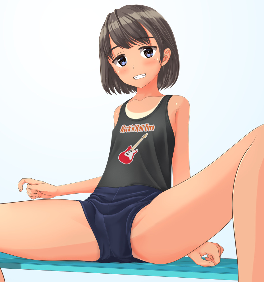 1girl absurdres bench black_hair black_shorts black_tank_top blue_background blue_eyes clothes_writing electric_guitar flat_chest grin guitar highres instrument looking_at_viewer mizuno mole mole_under_eye original short_hair shorts sitting smile solo spread_legs takafumi tan tank_top tanline