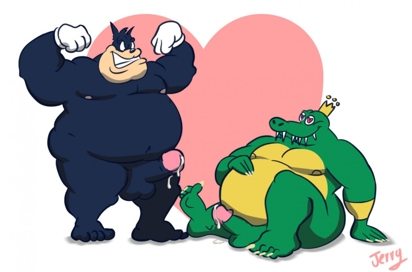 &lt;3 &lt;3_eyes anthro balls belly bodily_fluids crossover cum disney donkey_kong_(series) duo erection feet felid feline genital_fluids genitals goof_troop humanoid_genitalia humanoid_penis jerryhugs king_k._rool kremling male male/male mammal nintendo overweight overweight_anthro overweight_male penis peter_pete_sr. scalie video_games