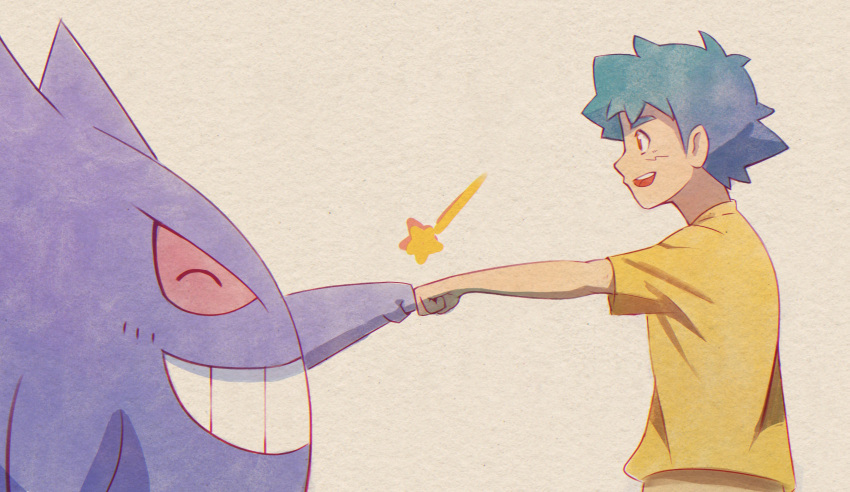 1boy absurdres ash_ketchum clenched_hand commentary fdj_1997 fist_bump from_side gen_1_pokemon gengar green_hair highres male_focus open_mouth outstretched_arm pokemon pokemon_(anime) pokemon_(creature) shirt short_hair short_sleeves smile star_(symbol) t-shirt teeth tongue white_background yellow_shirt