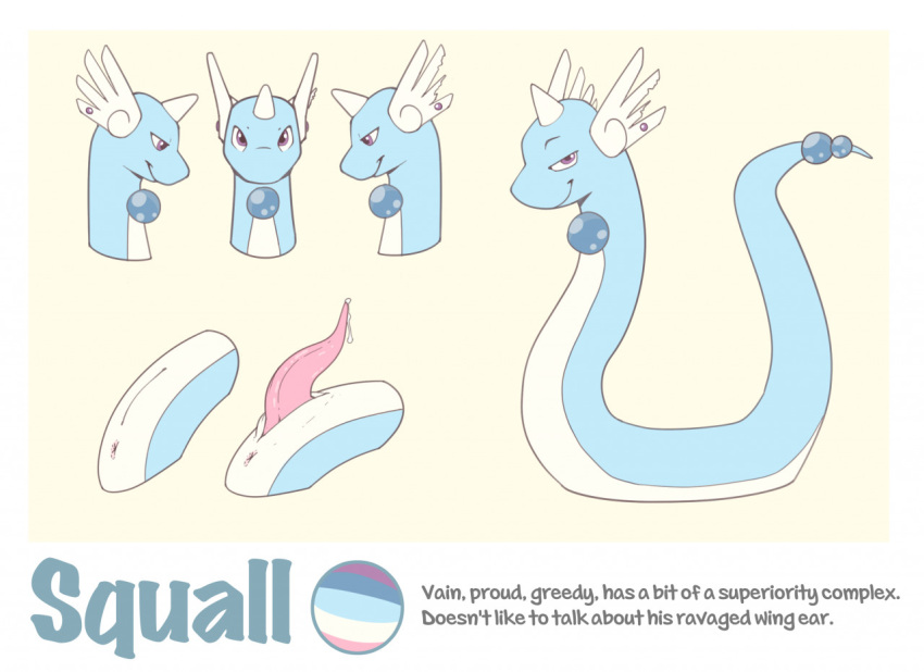 animal_genitalia animal_penis anus blue_body bodily_fluids border cetacean_penis countershade_torso countershading dragonair dripping english_text erection feral flat_colors genital_fluids genital_slit genitals horn imgonnaloveyou looking_at_viewer male model_sheet nintendo penis pink_penis pok&eacute;mon pok&eacute;mon_(species) precum precum_drip purple_eyes serpentine simple_background slit solo squall_(alpha268) tapering_penis text video_games white_body white_border white_countershading yellow_background