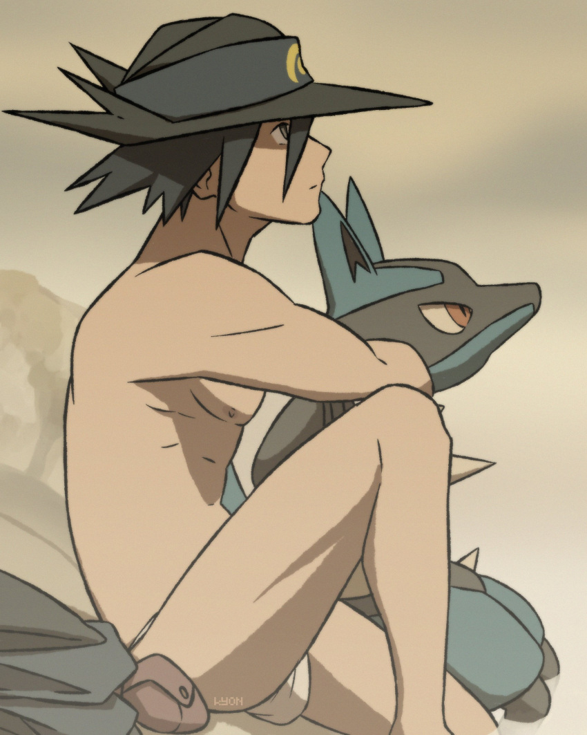 1boy absurdres artist_name bangs black_hair closed_mouth clothes commentary english_commentary fog gen_4_pokemon hat highres kyonart looking_up lucario male_focus nipples pokemon pokemon_(anime) pokemon_(creature) pokemon_m08 pokemon_rse_(anime) pouch shirtless sir_aaron sitting spiked_hair watermark