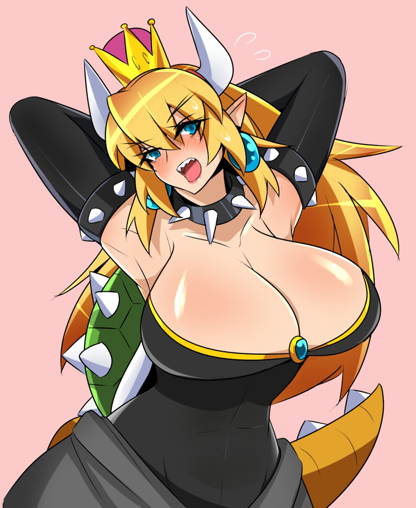alternate_species alto-kun big_breasts blonde_hair blue_eyes blush bowser bowsette_meme breasts cleavage clothed clothing collar crossgender crown female hair hi_res humanoid humanoidized mario_bros meme nintendo not_furry pink_background simple_background solo spiked_collar spikes super_crown video_games