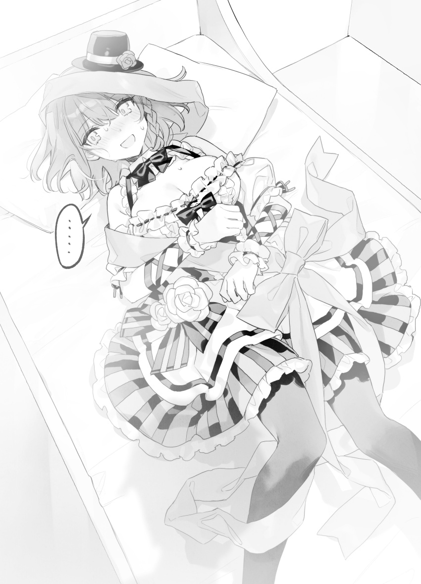 ... 1girl absurdres blush bow braid breasts charlotte_corday_(fate) chocoan cleavage dress fate/grand_order fate_(series) greyscale hat highres large_breasts lying midnight_tension mini_hat monochrome on_back on_bed ribbon sweat yamoge