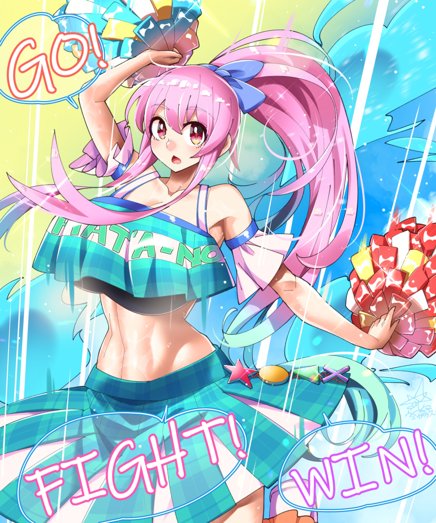 1girl abs alternate_costume aqua_skirt aqua_tank_top bangs blue_ribbon bow breasts cheerleader chestnut_mouth circle clothes_writing cross detached_sleeves english_text eyebrows_visible_through_hair footwear_bow hair_ribbon hata_no_kokoro highres holding holding_pom_poms large_breasts leg_up light_rays long_hair looking_at_viewer midriff multicolored multicolored_background navel pink_hair pom_poms ponytail red_eyes ribbon sidelocks signature skirt solo speech_bubble standing standing_on_one_leg star_(symbol) touhou triangle umigarasu_(kitsune1963) white_footwear