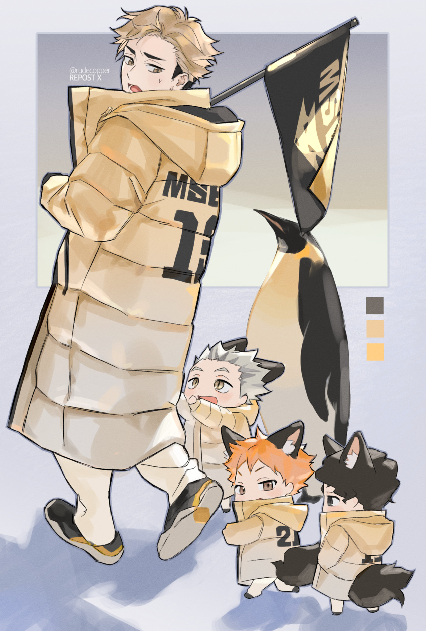 4boys :d animal animal_ears bangs bird black_hair blonde_hair bokuto_koutarou chibi fox_boy fox_ears fox_tail full_body green_hair haikyuu!! highres hinata_shouyou hood hoodie jacket keki_chogyegi looking_at_viewer looking_back looking_down looking_up miya_atsumu multiple_boys open_mouth orange_hair penguin repost_notice sakusa_kiyoomi shadow short_hair smile tail twitter_username walking