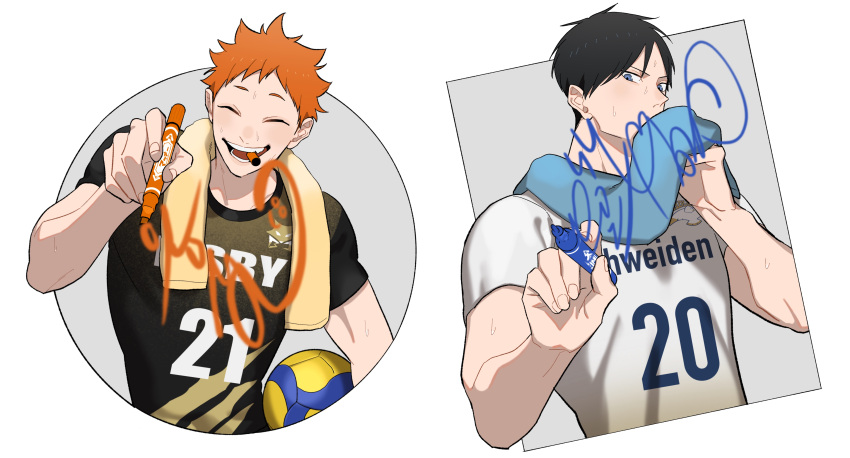 2boys ^_^ ^o^ absurdres ball bangs black_hair blue_eyes blush closed_eyes covered_mouth haikyuu!! highres hinata_shouyou holding kageyama_tobio looking_at_viewer lovemaronmeru0827 male_focus marker multiple_boys older orange_hair short_hair short_sleeves simple_background smile sportswear sweat teeth teeth_hold towel towel_around_neck upper_body volleyball_uniform