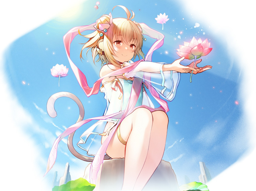 andira_(granblue_fantasy) animal_ears blonde_hair blush clouds cropped flowers garter granblue_fantasy leaves nekomu red_eyes ribbons see_through short_hair sky tail