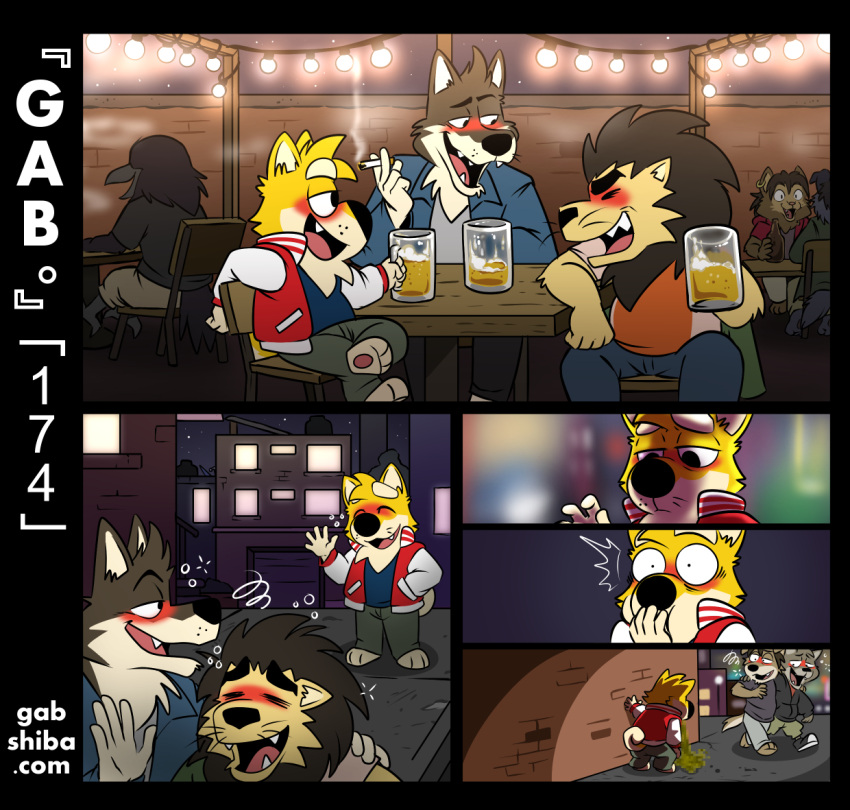 alcohol anthro avian bar beer beer_mug beverage bird black_body black_fur blush bodily_fluids canid canine canis cigarette city clothed clothing comic corvid corvus_(genus) crow curled_tail domestic_dog drunk drunk_bubbles felid fur furniture gab_shiba gabshiba gesture group lion male mammal nausea open_mouth oscine outside pantherine passerine shiba_inu sitting_on_chair smoking spitz substance_intoxication table text url vomit waving wolf wuff_(gabshiba) yellow_body yellow_fur