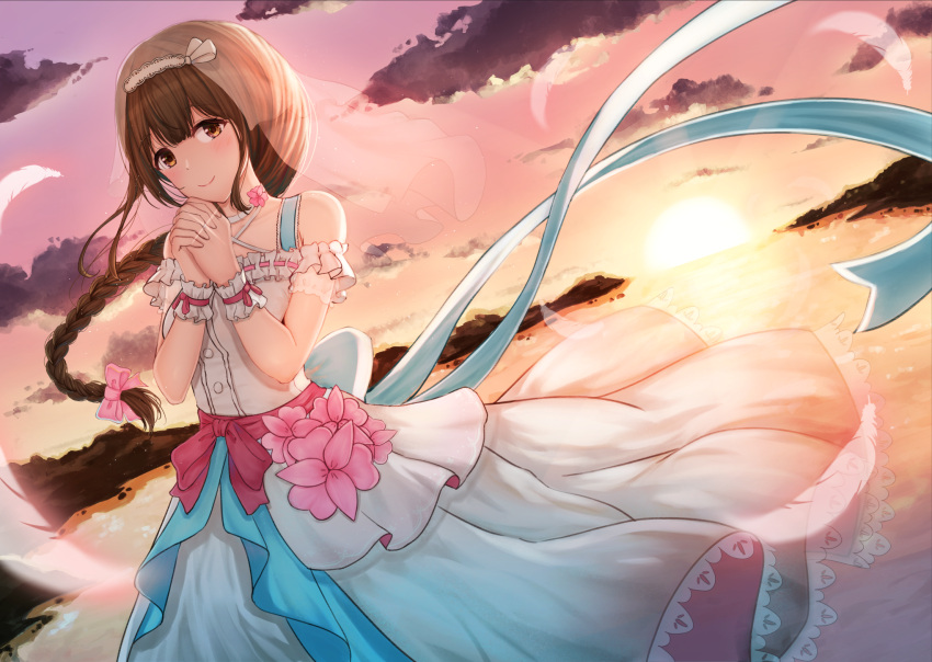 braids brown_hair clouds dress idolmaster_shiny_colors kuwayama_chiyuki long_hair ponytail sky tagme_(artist)