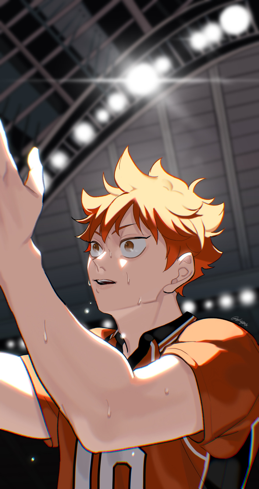 1boy absurdres arms_up bangs blurry brown_eyes haikyuu!! highres hinata_shouyou indoors looking_away lovemaronmeru0827 male_focus open_mouth orange_hair short_sleeves solo sportswear sweat twitter_username upper_body volleyball_uniform