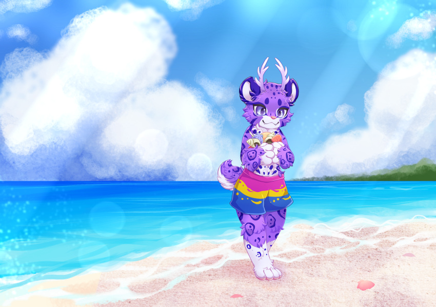 anthro antlers beach capreoline cervid chibi cleovelot clothing clouded_leopard cute_expression cute_fangs felid fur hi_res horn hoshino hybrid island lgbt_pride male mammal pansexual_pride_colors pantherine pride_colors purple_body purple_eyes purple_fur sand scut_tail sea seaside shell size_difference smaller_male solo spots spotted_body spotted_fur swimming_trunks swimwear water white-tailed_deer white_body white_fur
