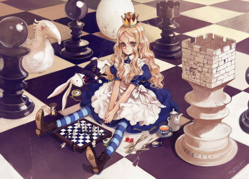 1girl alice_(wonderland) alice_in_wonderland blonde_hair blue_eyes board_game boots bunny card chess chess_piece crown cup dice dress egg fork hat highres hourglass knife long_hair looking_at_viewer lying_card oversized_object oyari_ashito playing_card pocket_watch queen redrawn sitting solo spoon striped striped_legwear sugar_bowl sugar_cube tea teacup thighhighs watch white_rabbit