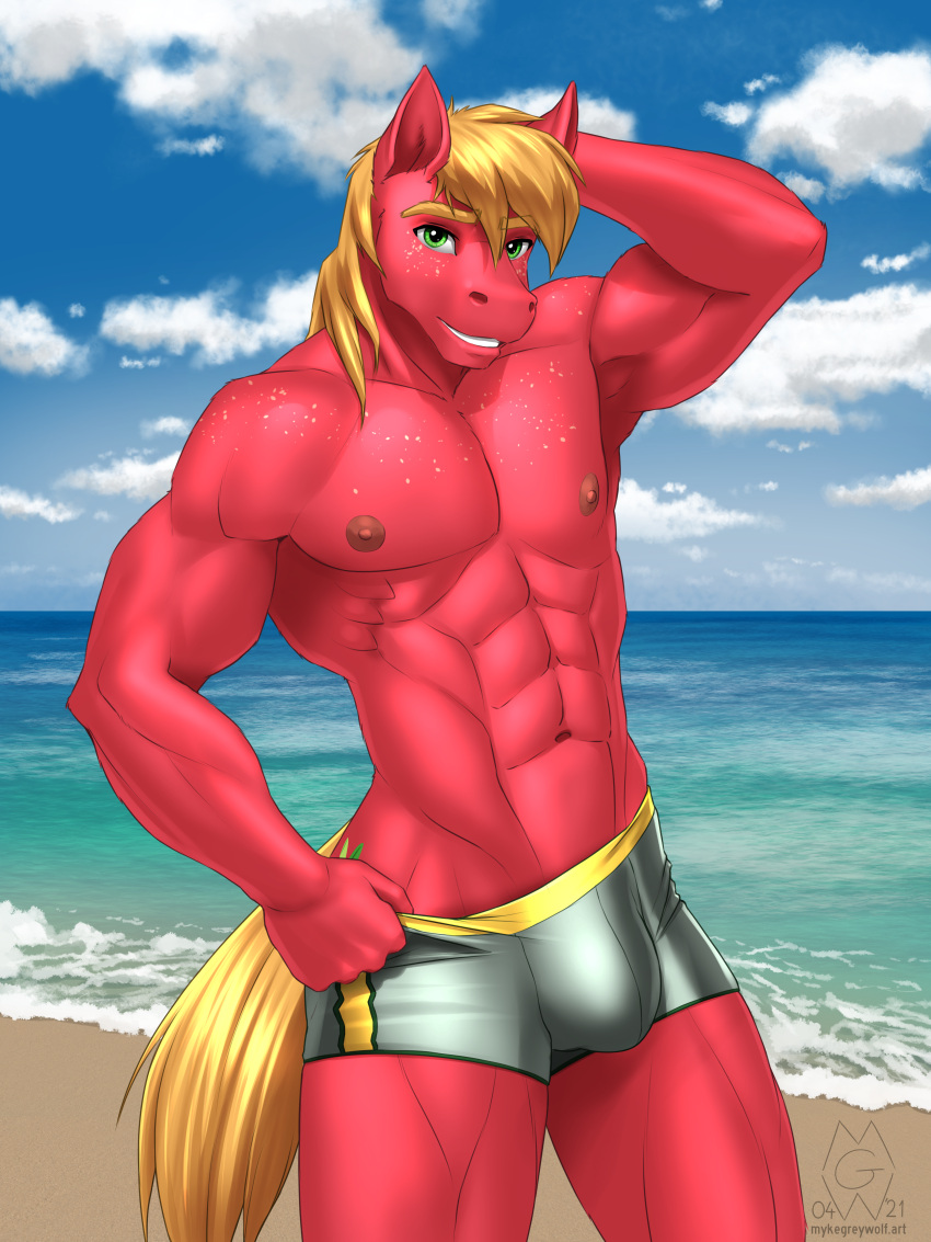 2021 abs absurd_res anthro beach big_macintosh_(mlp) bulge clothed clothing cutie_mark equid equine friendship_is_magic hand_behind_head hasbro hi_res looking_at_viewer male mammal muscular muscular_anthro muscular_male my_little_pony mykegreywolf nipples red_body sand sea seaside smile sport_swimsuit swimwear topless water