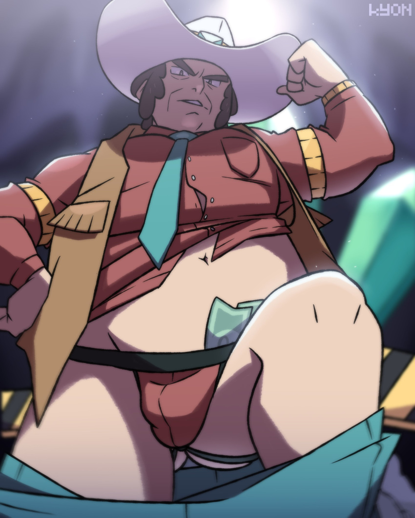 1boy absurdres artist_name ass blurry brown_hair brown_vest bulge buttons clay_(pokemon) clenched_hands clothes_pull commentary cowboy_hat flexing from_below green_neckwear gym_leader hand_on_hip hand_up hat highres knees kyonart looking_at_viewer male_focus money navel necktie open_clothes open_vest pants pants_pull parted_lips pokemon pokemon_(game) pokemon_bw pose shirt solo vest watermark white_headwear