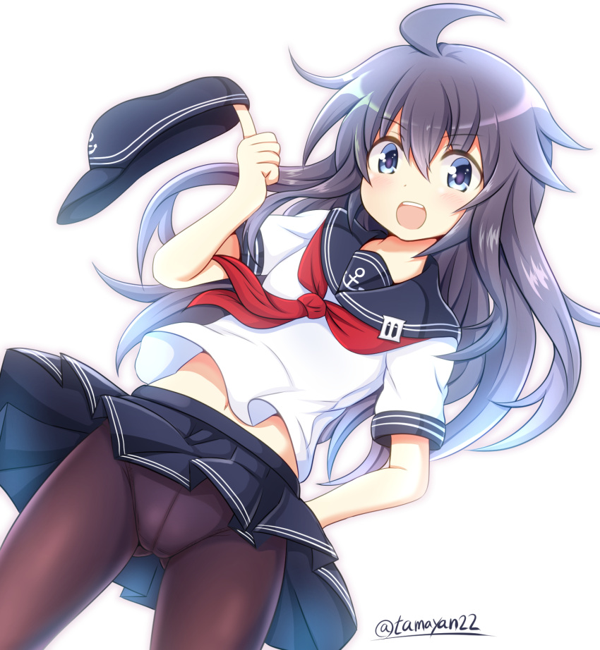 1girl adapted_costume akatsuki_(kancolle) alternate_legwear anchor_symbol antenna_hair ass_visible_through_thighs black_legwear black_skirt flat_cap hair_between_eyes hat hat_removed headwear_removed highres kantai_collection long_hair looking_at_viewer messy_hair navel neckerchief open_mouth panties panties_under_pantyhose pantyhose pantyshot photoshop_(medium) pleated_skirt purple_eyes purple_hair red_neckwear school_uniform serafuku short_sleeves simple_background skirt smile solo standing tamayan twitter_username underwear white_background