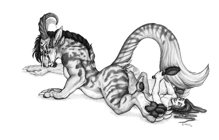 4_ears anthro beard brush brushing brushing_tail charr claws dewclaw digitigrade duo facial_hair fangs felid female greyscale grin guild_wars hair horn human larger_anthro larger_female long_hair lying male mammal monochrome multi_ear nude on_back on_front pawpads personal_grooming simple_background simul size_difference smaller_human smaller_male smile stripes video_games