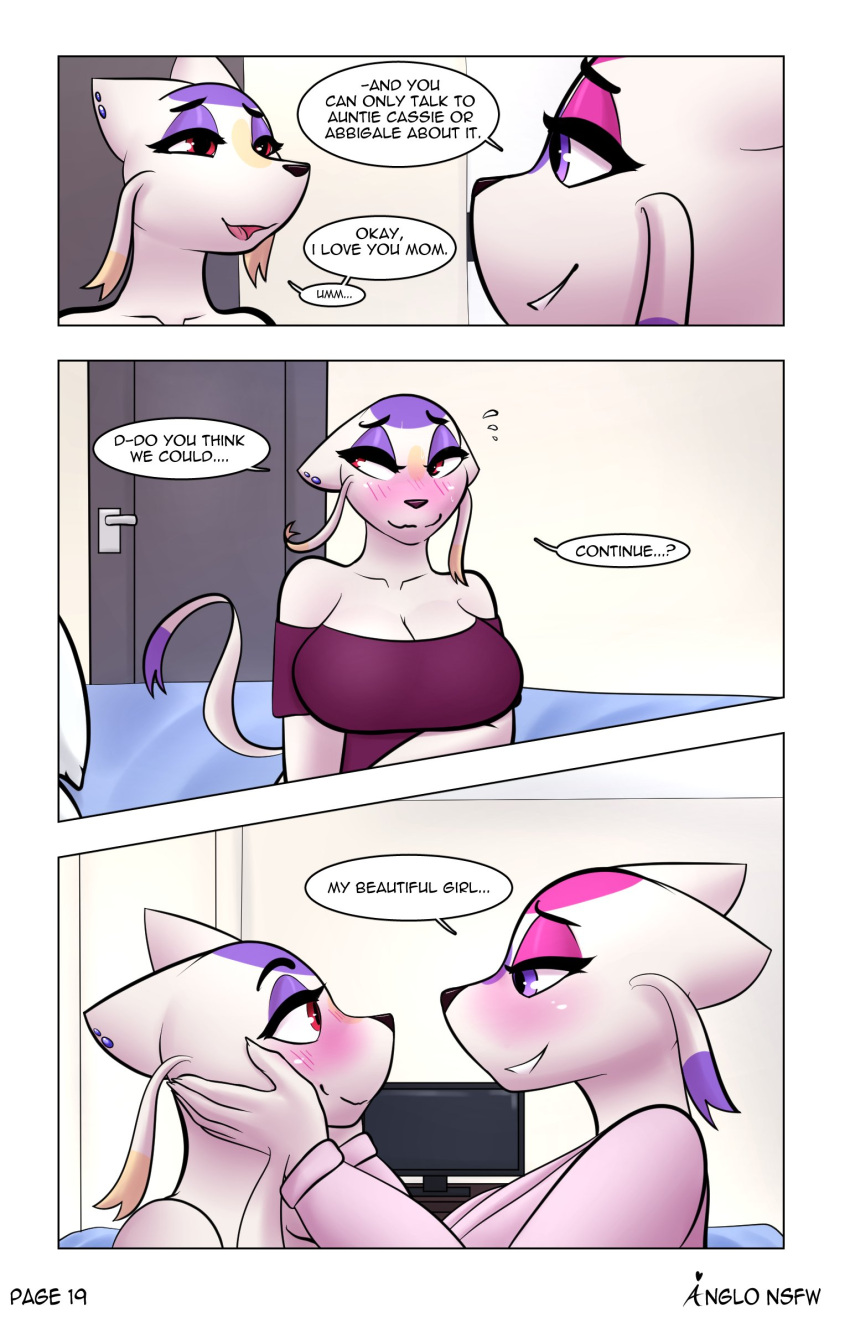 anglo anthro bathrobe bed big_breasts breasts clothing comic daughter delia_(anglo) dialogue duo female female/female furniture hi_res incest_(lore) mienshao mother mother_and_child mother_and_daughter nintendo parent parent_and_child pok&eacute;mon pok&eacute;mon_(species) robe sapphire_(anglo) video_games