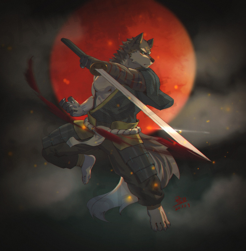 2020 absurd_res anthro biped blood blood_moon bodily_fluids canid canine canis clothing detailed_background fdj full_moon fur hi_res holding_object holding_sword holding_weapon male mammal melee_weapon moon muscular muscular_anthro muscular_male night outside pecs plantigrade solo sword tattoo weapon wolf