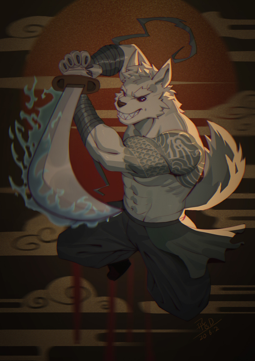 2020 abs absurd_res anthro biceps bottomwear canid canine canis clothing fdj fur hi_res male mammal melee_weapon muscular muscular_anthro muscular_male solo sword tattoo weapon white_body white_fur wolf