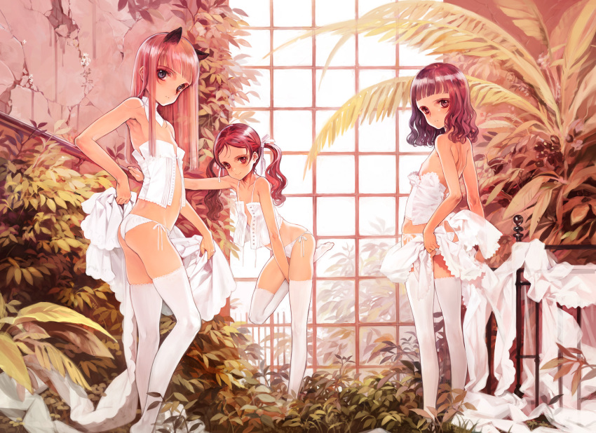 3girls against_wall animal_ears arm_support armpits ass back bangs bare_shoulders black_hair blunt_bangs blush brown_eyes brown_hair buttons camisole cat_ears crop_top detached_collar ema_(shirotsume_souwa) embarrassed flat_chest hair_ribbon highres indoors lace lace-trimmed_legwear lace_trim leaf leaning_forward leg_lift legs lingerie long_hair long_legs looking_at_viewer looking_back midriff multiple_girls official_art open_clothes open_shirt outstretched_arm oyari_ashito panties parted_bangs plant profile ribbon sayu_(shirotsume_souwa) shirotsume_souwa shirt short_hair side-tie_panties sidelocks skindentation skinny smile standing standing_on_one_leg strapless thighhighs thighs touka_(shirotsume_souwa) tubetop twintails unbuttoned underwear underwear_only undressing wavy_hair white_legwear white_panties window