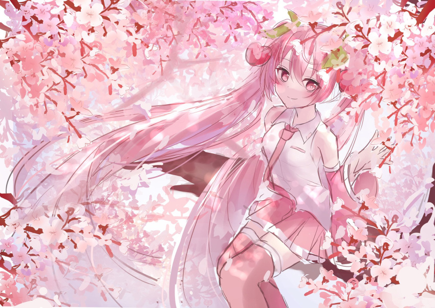 1girl absurdly_long_hair bare_shoulders branch cherry_blossoms cherry_hair_ornament commentary cowboy_shot detached_sleeves flower food_themed_hair_ornament hair_ornament hatsune_miku highres in_tree long_hair looking_at_viewer miniskirt necktie noneon319 pink_eyes pink_flower pink_hair pink_legwear pink_neckwear pink_skirt pink_sleeves pink_theme pleated_skirt sakura_miku shirt sideways_glance sitting sitting_in_tree sketch skirt sleeveless sleeveless_shirt smile solo thighhighs tree twintails very_long_hair vocaloid white_shirt zettai_ryouiki