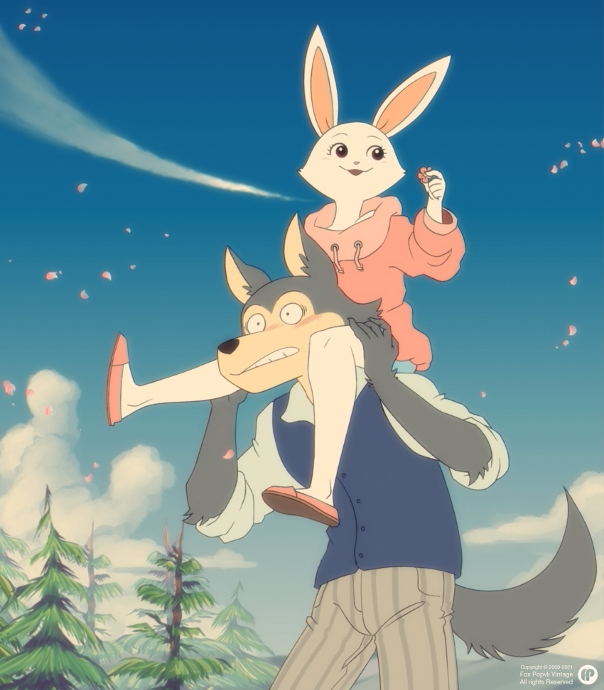 2021 absurd_res anthro beastars bottomwear canid canine canis carrying clothed clothing cloud day detailed_background duo female flower footwear fox-pop haru_(beastars) hi_res hoodie lagomorph legoshi_(beastars) leporid male mammal on_shoulders outside pants petals plant rabbit shirt shoes sitting standing topwear tree vest wolf