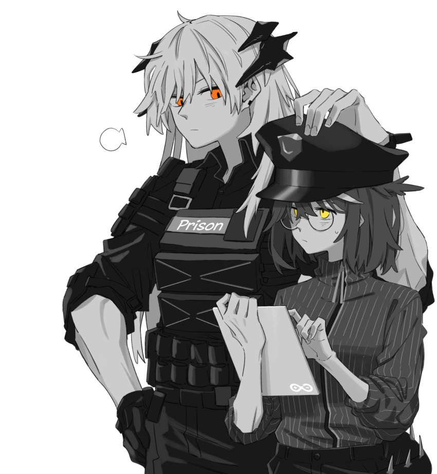 2girls arknights black_gloves blouse collarbone dragon_tail glasses gloves greyscale hand_on_another's_head hat height_difference highres holding holding_tablet_pc long_hair monochrome multiple_girls orange_eyes police police_hat police_uniform rhine_lab_logo saria_(arknights) saria_(iron_law)_(arknights) short_hair silence_(arknights) simple_background sleeves_rolled_up spiked_tail spot_color striped_blouse sweat tablet_pc tail toned uniform white_background yellow_eyes zy