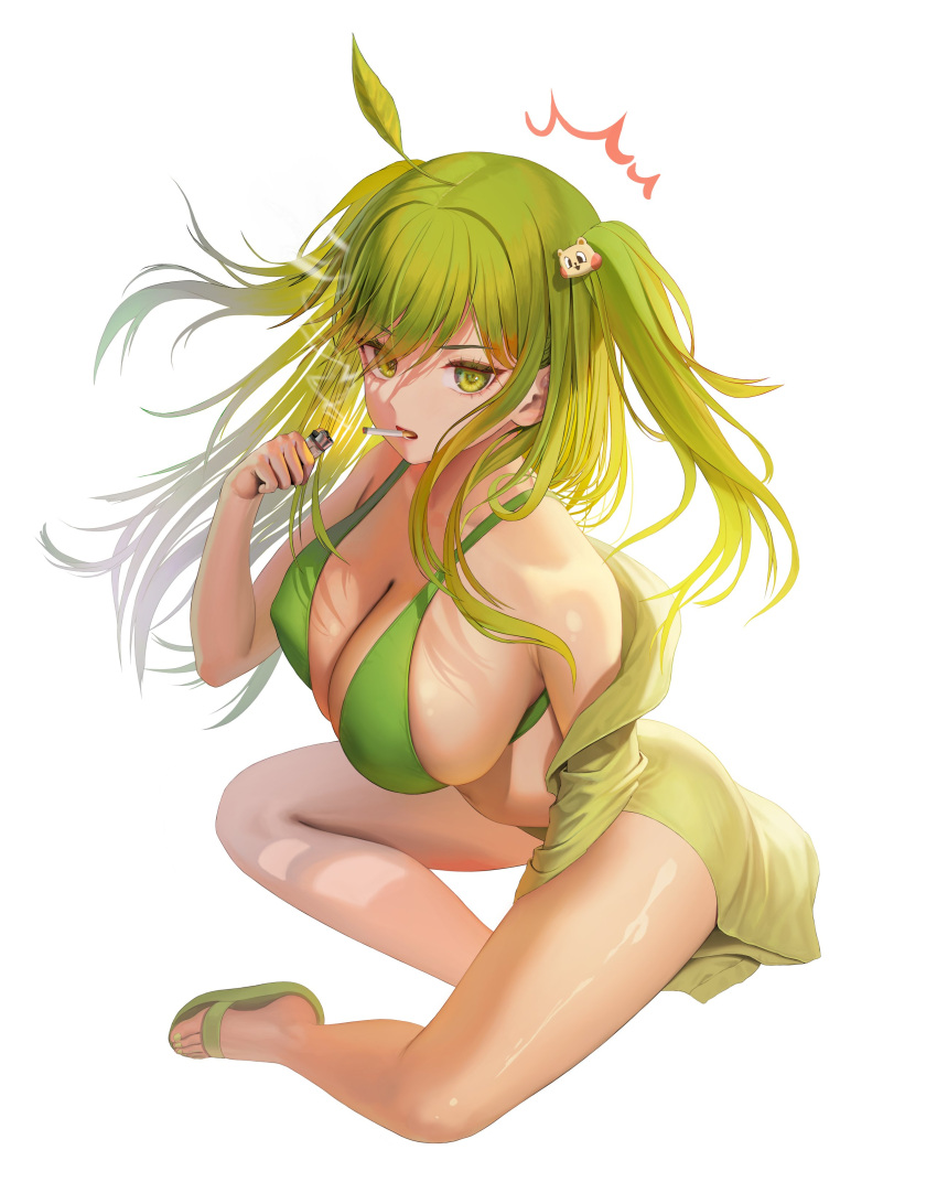 1girl ^^^ absurdres ahoge animal_hair_ornament bangs bare_shoulders between_legs bikini blush bra breasts cigarette cleavage collarbone dolphin_shorts eyebrows_visible_through_hair eyelashes fangs full_body green_bikini green_bra green_eyes green_hair green_nails hair_between_eyes hair_ornament hand_between_legs highres large_breasts leaf leaf_on_head lighter long_hair looking_at_viewer mouth_hold navel open_mouth original sandals short_shorts short_twintails shorts sitting skindentation smoke smoking solo sports_bra sportswear swimsuit toenail_polish tokkihouse twintails underwear white_background