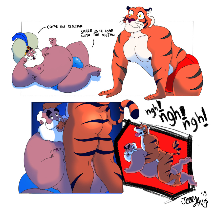 absurd_res anthro beard butt disney disney's_aladdin duo english_text facial_hair felid fellatio hi_res human human_on_anthro interspecies jerryhugs male male/male mammal oral overweight overweight_human overweight_male pantherine penile rajah_(aladdin) sex sultan_(aladdin) text tiger white_beard