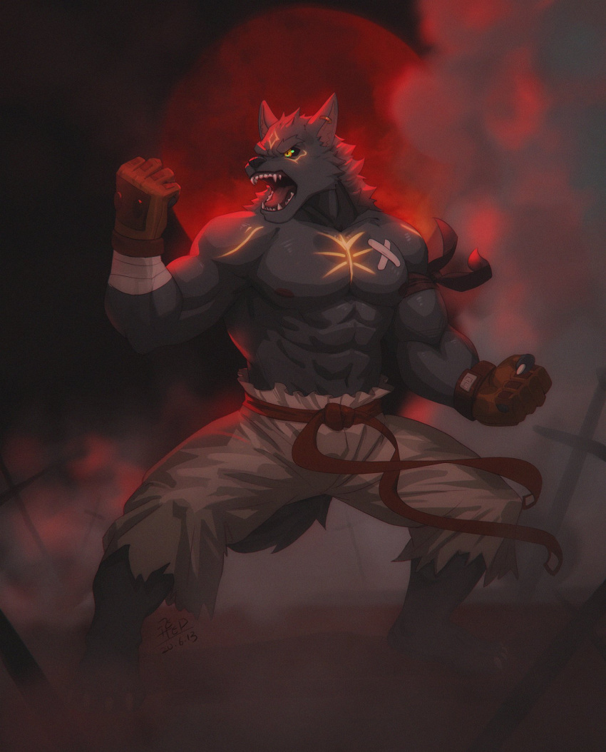 2020 abs anthro biceps bottomwear canid canine canis clothing fdj fur gloves glowing glowing_eyes handwear hi_res male mammal muscular muscular_anthro muscular_male nipples pecs solo wolf