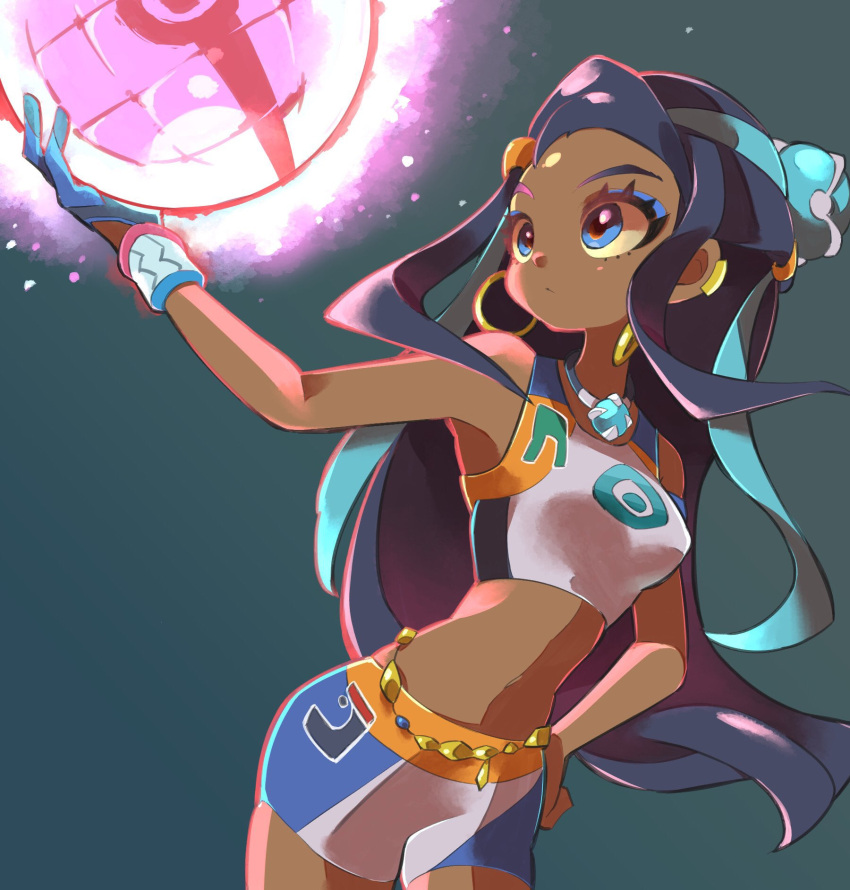 1girl arm_up armlet belly_chain bike_shorts black_hair blue_eyes blue_eyeshadow blue_hair breasts closed_mouth commentary_request dark_skin dark_skinned_female dynamax_ball dynamax_band earrings eyeshadow gloves green_background gym_leader hair_bun hand_on_hip highres holding holding_poke_ball hoop_earrings hyou_(hyouga617) jewelry long_hair looking_back makeup multicolored_hair necklace nessa_(pokemon) poke_ball pokemon pokemon_(game) pokemon_swsh simple_background single_glove solo two-tone_hair