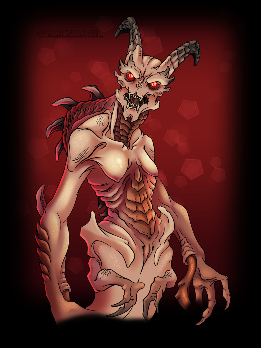 anthro bald demon doom_(series) doom_eternal female hi_res horn id_software red_background red_eyes sharp_teeth simple_background solo teeth umbra_keeper video_games whiplash_(doom)