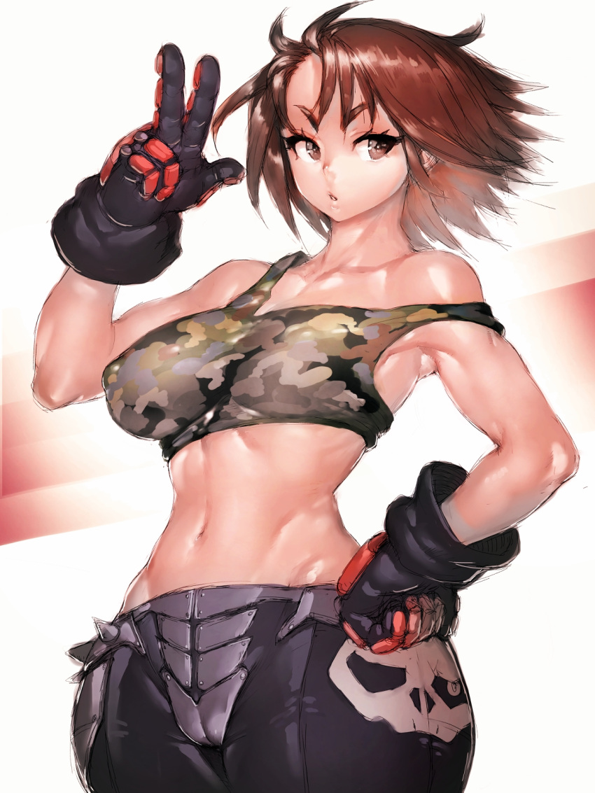 1girl bare_shoulders black_gloves breasts brown_eyes brown_hair covered_nipples fumio_(rsqkr) gloves hand_on_hip highres justice_gakuen kazama_akira looking_at_viewer medium_breasts midriff navel parted_lips short_hair solo v