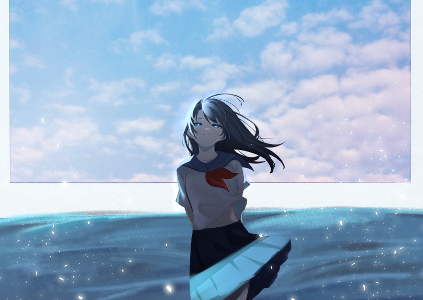 1girl absurdres arms_behind_back bangs black_hair blue_eyes blue_sailor_collar blue_skirt blue_sky closed_mouth cloud cloudy_sky commentary day eyebrows_visible_through_hair floating_hair highres huge_filesize kuki_panda_(wkdwnsgk13) long_hair looking_at_viewer neckerchief original pleated_skirt red_neckwear sailor_collar school_uniform serafuku shirt skirt sky smile solo water white_shirt