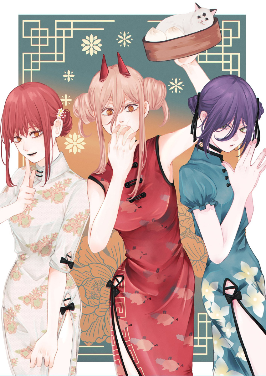 +_+ 3girls :t alternate_costume alternate_hairstyle baozi black_ribbon blue_dress blush breasts cat chainsaw_man china_dress chinese_clothes commentary cowboy_shot demon_horns double_bun dress eating eyelashes finger_to_own_chin flat_chest floral_background floral_print food green_eyes hair_between_eyes hair_bun hair_ribbon hands_together highres holding horns index_finger_raised looking_at_viewer makima_(chainsaw_man) medium_breasts medium_hair meowy_(chainsaw_man) multiple_girls open_mouth orange_eyes pink_hair power_(chainsaw_man) purple_hair red_dress red_hair reze_(chainsaw_man) ribbon ringed_eyes short_hair short_sleeves side_slit sidelocks sleeveless sleeveless_dress smile symbol_commentary thighs toukaairab white_dress