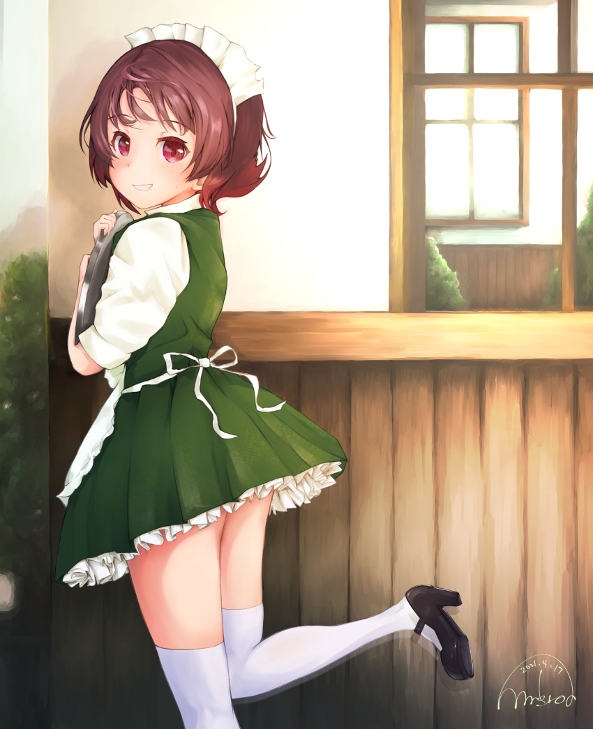 1girl absurdres alternate_costume alternate_legwear apron back brown_eyes brown_hair building cowboy_shot dress enmaided eyebrows_visible_through_hair frilled_apron frilled_dress frills gradient_hair green_dress hair_between_eyes highres holding holding_tray kantai_collection looking_at_viewer looking_to_the_side maid maid_headdress mmk multicolored_hair mutsuki_(kancolle) one-hour_drawing_challenge outdoors red_hair reflection short_hair signature smile solo standing standing_on_one_leg thighhighs tray waist_apron waitress white_apron white_legwear window