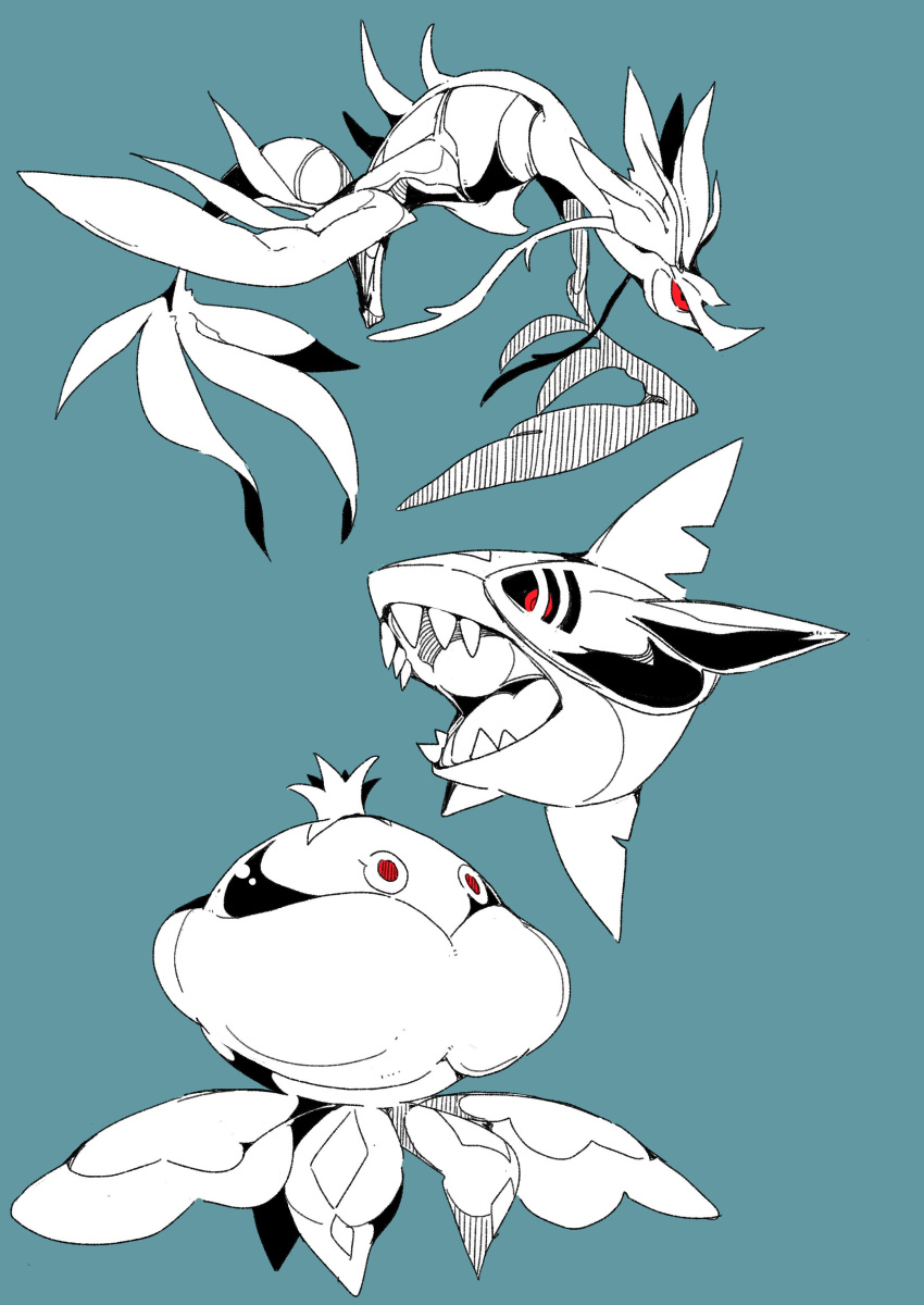 absurdres blue_background colored_sclera dragalge fins fish full_body gen_3_pokemon gen_5_pokemon gen_6_pokemon highres jellicent jellicent_(male) ma_sakasama no_humans pokemon pokemon_(creature) red_eyes sharp_teeth sharpedo simple_background teeth