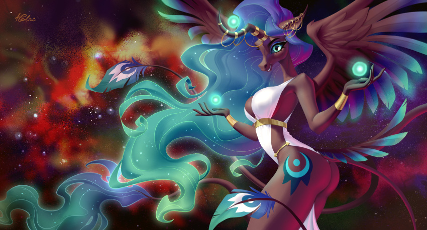 absurd_res anthro bracelet breasts butt cleavage clothed clothing cutie_mark digital_media_(artwork) dress ear_piercing energy_ball equid equine ethereal_hair eyeshadow fan_character glowing green_eyes hair hasbro hi_res holivi horn horn_ring jewelry long_hair long_tail magic magic_ball makeup mammal my_little_pony nebula piercing purple_eyeshadow space sparkles winged_unicorn wings