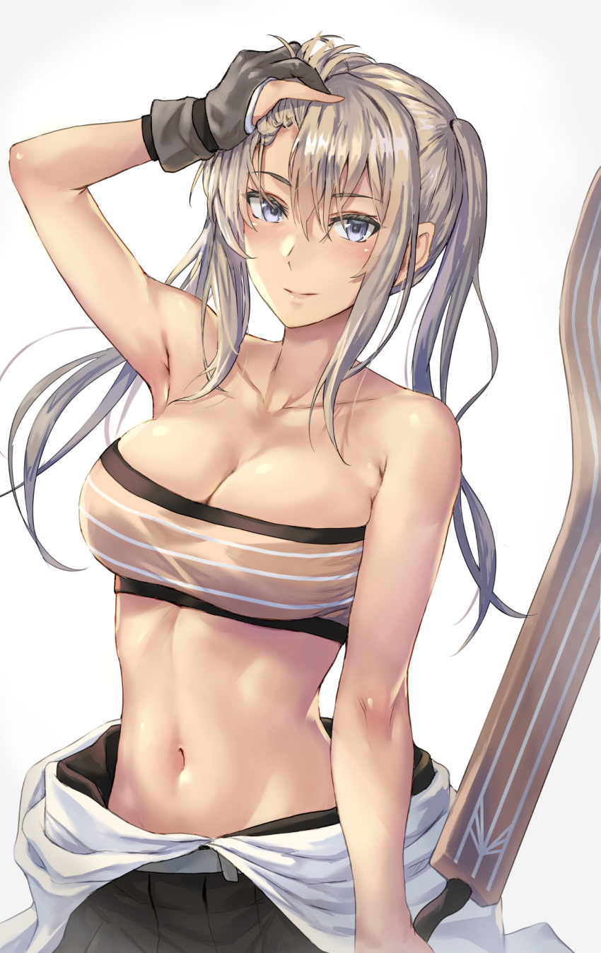 1girl armpits bandeau black_hakama blonde_hair bow_(weapon) breasts cleavage closed_mouth cosplay eyebrows_visible_through_hair gloves graf_zeppelin_(kancolle) grey_gloves hair_between_eyes hakama hakama_skirt highres holding holding_bow_(weapon) holding_weapon japanese_clothes kantai_collection kokuzou large_breasts long_hair navel partially_fingerless_gloves purple_eyes shouhou_(kancolle) shouhou_(kancolle)_(cosplay) sidelocks simple_background smile solo twintails upper_body weapon white_background yugake yumi_(bow)