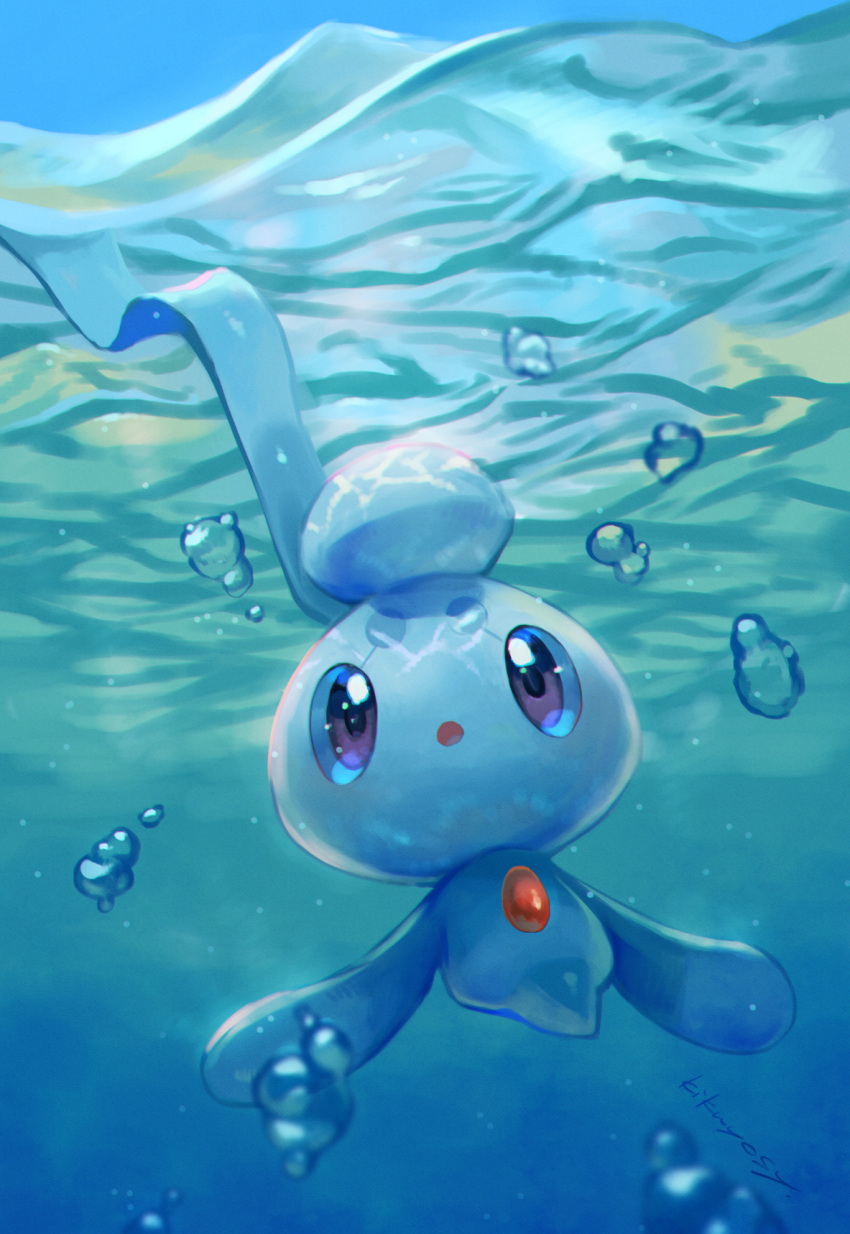 air_bubble bubble commentary_request creature gen_4_pokemon highres kikuyoshi_(tracco) mythical_pokemon no_humans open_mouth phione pokemon pokemon_(creature) purple_eyes signature solo underwater water_surface