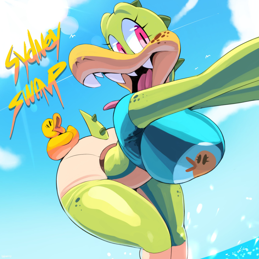 absurd_res anthro big_breasts boots bottomwear breasts clothing crocodilian female footwear hi_res lake looking_at_viewer reptile rubber_duck scalie shirt shorts solo sydney_swamp_(vimhomeless) teeth topwear vimhomeless