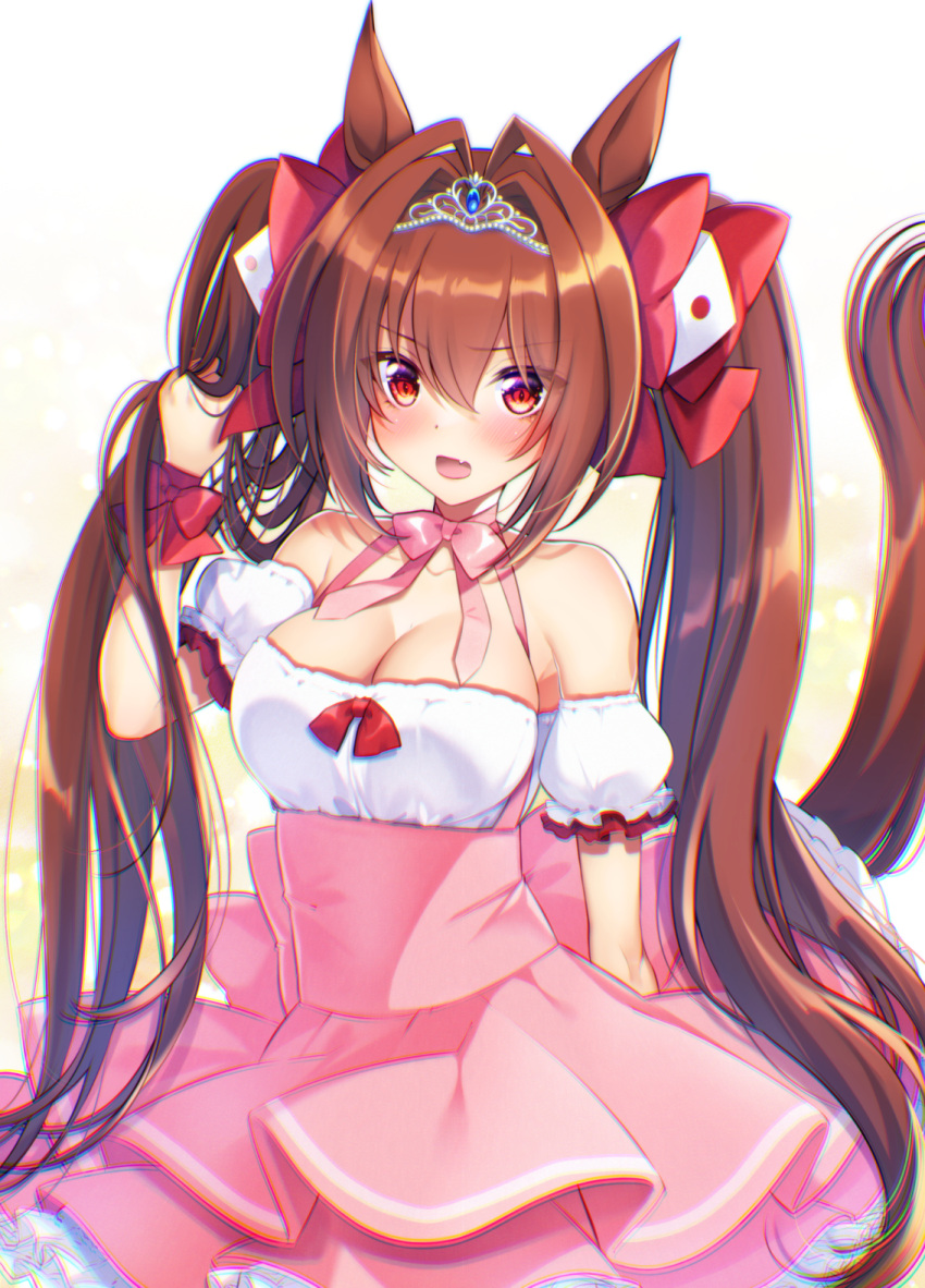 1girl animal_ears blush bow brown_hair choker collarbone commentary_request cosplay daiwa_scarlet_(umamusume) detached_sleeves di_gi_charat fang hair_bow high-waist_skirt highres horse_ears horse_girl horse_tail long_hair open_mouth pink_bow pink_choker pink_skirt puffy_short_sleeves puffy_sleeves red_bow red_eyes shirt short_sleeves skirt solo tail tiara tsurugi_hikaru twintails umamusume usada_hikaru usada_hikaru_(cosplay) very_long_hair white_shirt